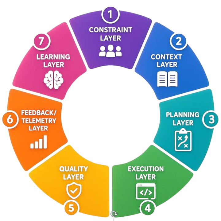The Engineering Loop: seven layers (Constraint, Context, Planning, Execution, Quality, Feedback/Telemetry, Learning) arranged as a cycle
